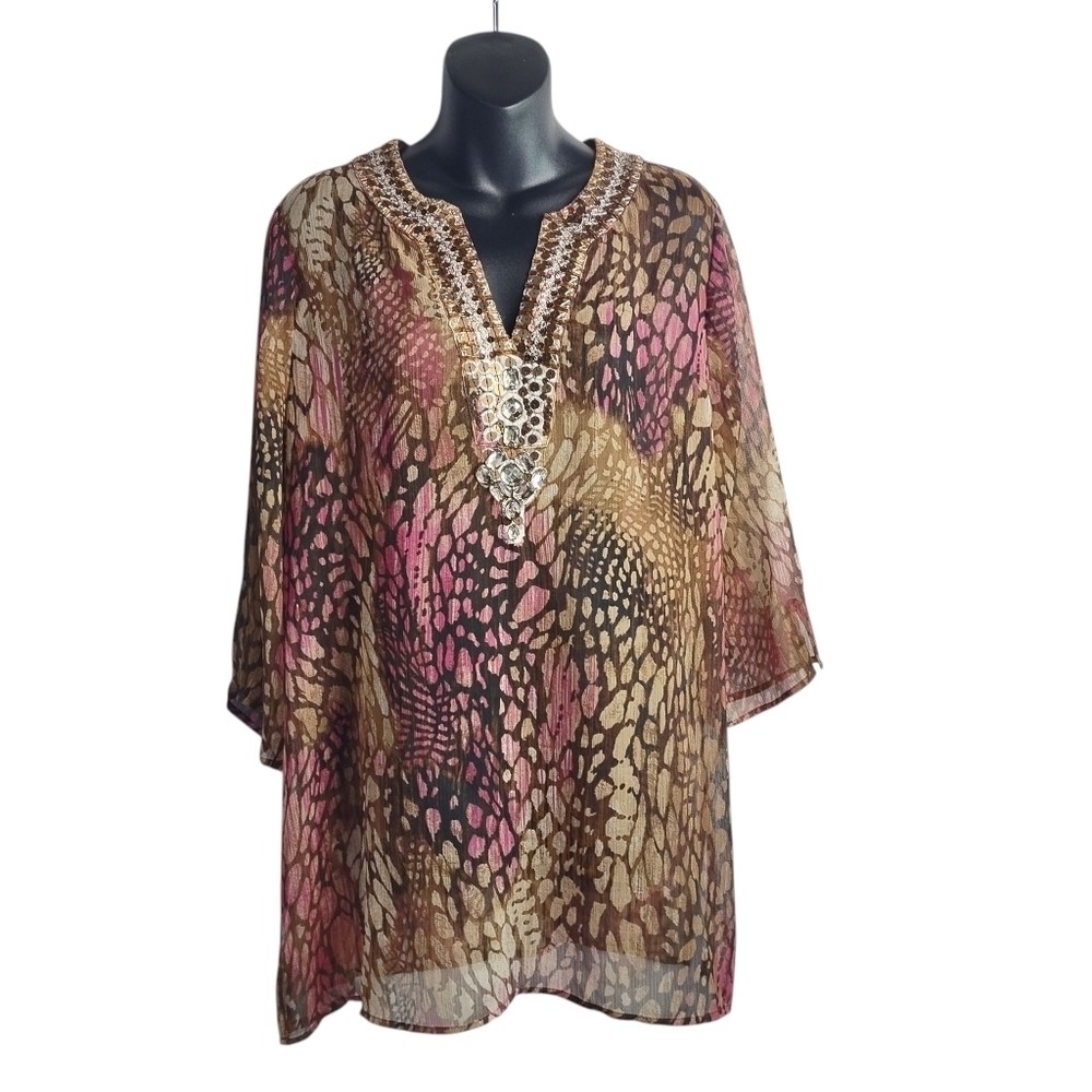 Chico's Women's Multicolor Abstract Embellished Tunic V-Neck 3/4 Sleeve Size 1